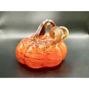 Hand Blown Art Glass Pumpkin – Amber & Orange Fall Decor, 3.5” Tall